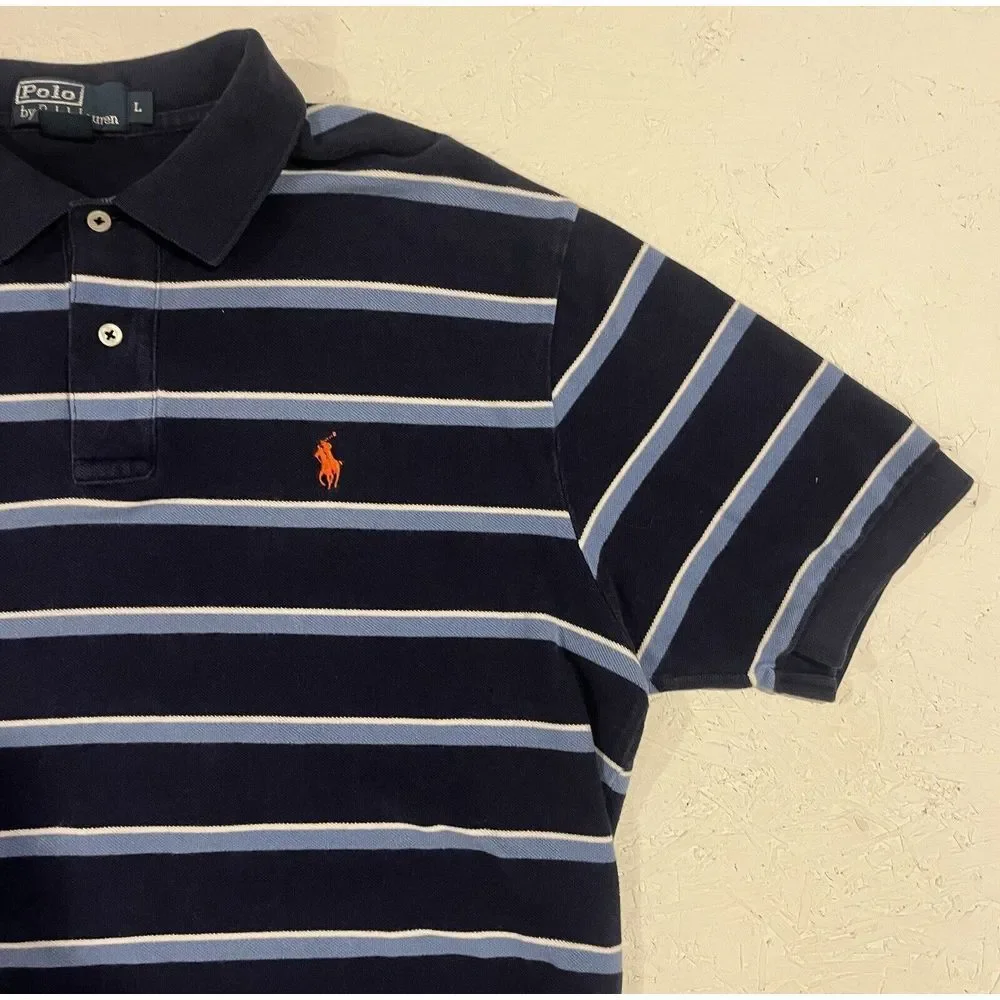 Vintage Polo Ralph Lauren Shirt Lot Mens L Striped Orange‎ Blue Preppy Casual